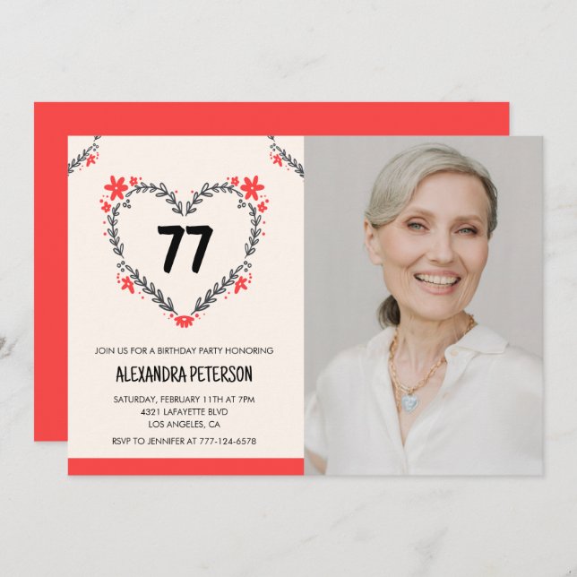Elegant Red Floral Heart for her 77th birthday Invitation (Front/Back)