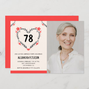 Elegant Red Floral Heart for her 78th birthday Invitation