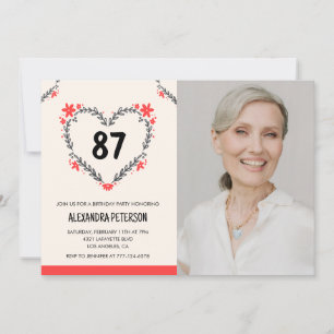 Elegant Red Floral Heart for her 87th birthday Invitation
