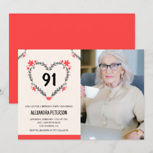 Elegant Red Floral Heart for her 91st birthday Invitation