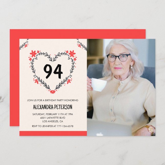 Elegant Red Floral Heart for her 94th birthday Invitation (Front/Back)