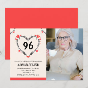 Elegant Red Floral Heart for her 96th birthday Invitation