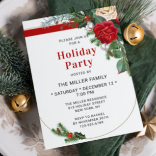 Elegant Red Floral Holiday Party Invitation