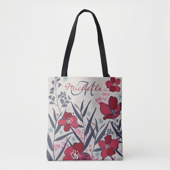 Elegant Red Floral Monogram Tote Bag (Front)