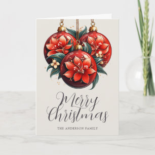 Elegant Red Floral Ornaments Photo Folded Holiday Card