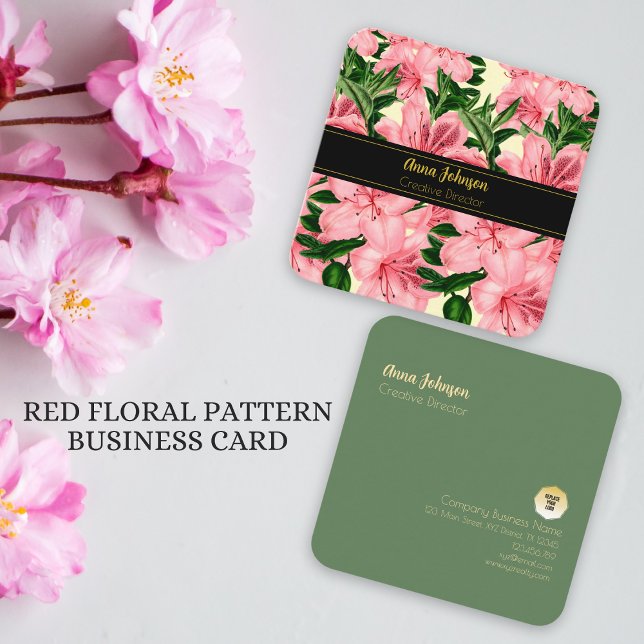 Elegant Red Floral Pattern Add Your Custom Name Square Business Card (Creator Uploaded)