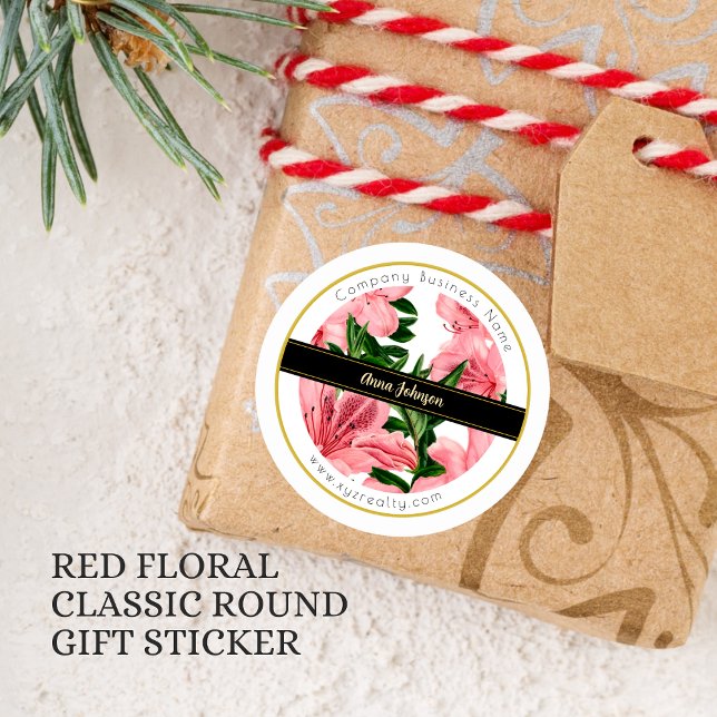 Elegant Red Floral Pattern Custom Company Name Classic Round Sticker (Creator Uploaded)