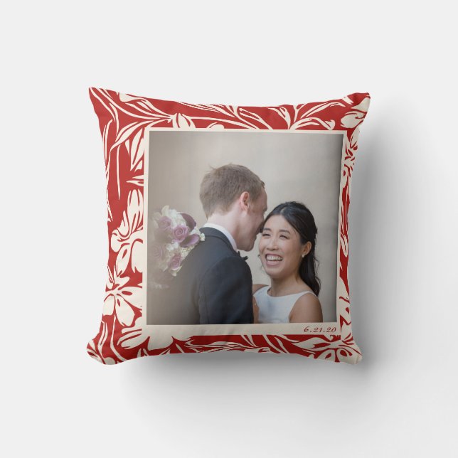 Elegant Red Floral Pattern Custom Photo Cushion (Front)