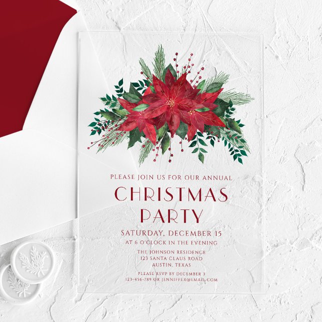Elegant Red Floral Poinsettia Christmas Party Acrylic Invitations (Elegant Red Floral Poinsettia Christmas Party Acrylic Invitations)