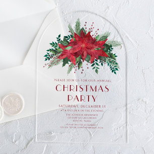 Elegant Red Floral Poinsettia Christmas Party Acrylic Invitations