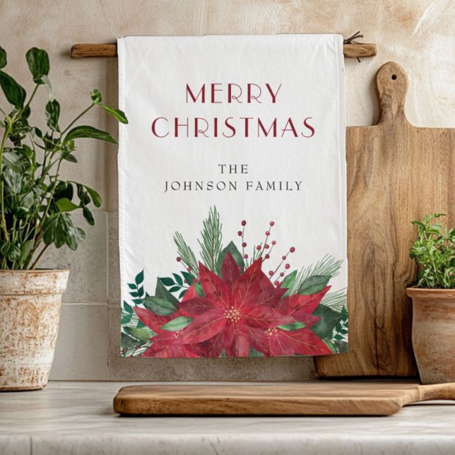 Elegant Red Floral Poinsettia Christmas Tea Towel (Elegant Red Floral Poinsettia Christmas Kitchen Towel)