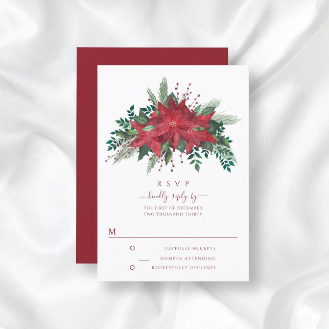 Elegant Red Floral Poinsettia Christmas Wedding RSVP Card (Creator Uploaded)