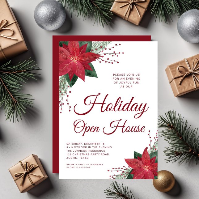 Elegant Red Floral Poinsettia Holiday Open House Invitation (Elegant Red Floral Poinsettia Holiday Open House Invitation)