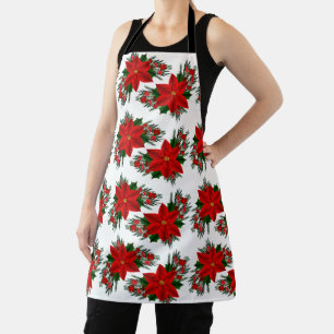 Elegant Red Floral Poinsettia Pine Greenery Leaves Apron