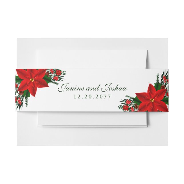 Elegant Red Floral Poinsettia Pine Greenery Leaves Invitation Belly Band (Front Example)