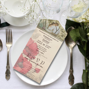 Elegant Red Floral Poppy on Cream Couple Photo All In One Invitation