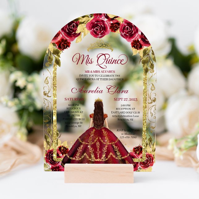 Elegant Red Floral Princess Gold Arch Quinceanera Acrylic Invitations (Creator Uploaded)