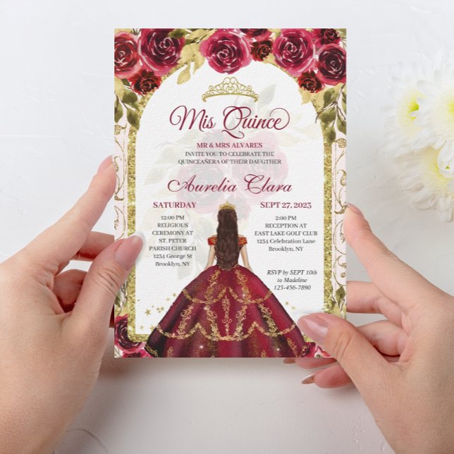 Elegant Red Floral Princess Gold Arch Quinceanera Invitation (Creator Uploaded)