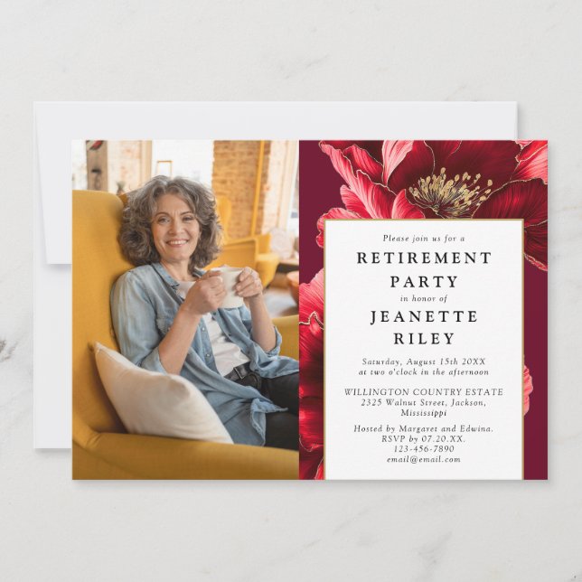 Elegant Red Floral Retirement Party Photo Invitation (Front)