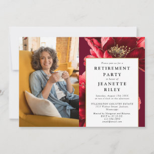 Elegant Red Floral Retirement Party Photo Invitation