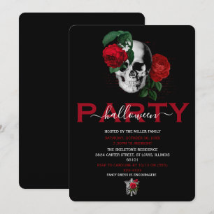 Elegant Red Floral Skull Adult Halloween Party Invitation