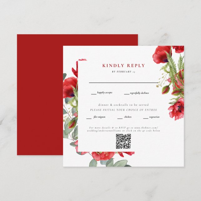 Elegant Red Floral Square Wedding QR Code RSVP II (Front/Back)