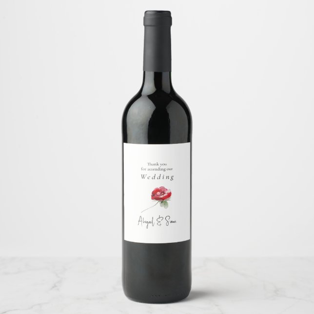 Elegant Red Floral Stem Personalised Wedding Wine Label (Front)