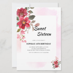 Elegant Red Floral Sweet Sixteen Pink Accents Invitation