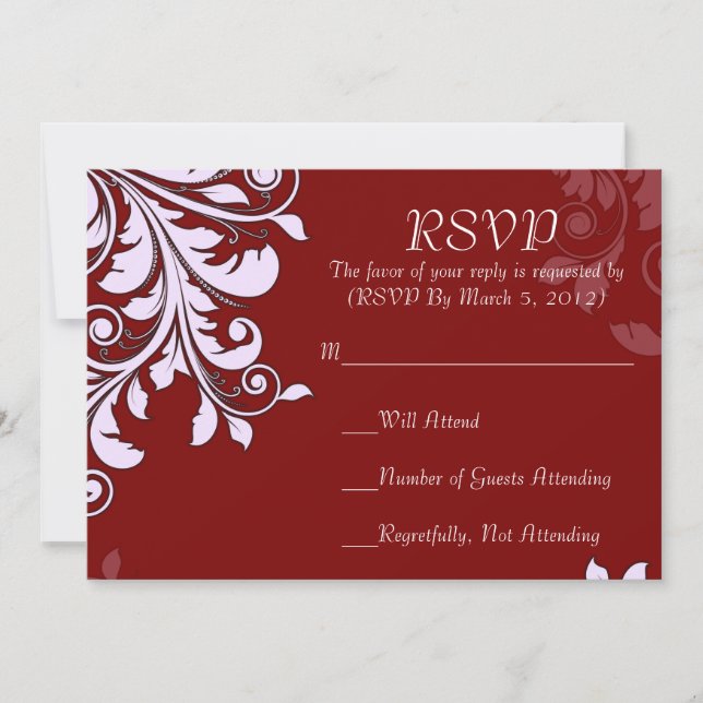 Elegant Red Floral Swirls Design RSVP card (Front)