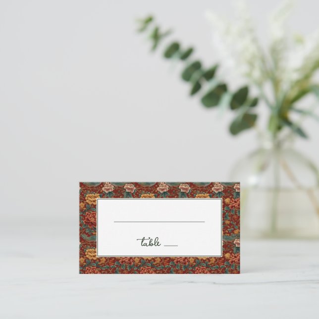 Elegant Red Floral Vintage Birds Place Card (Standing Front)