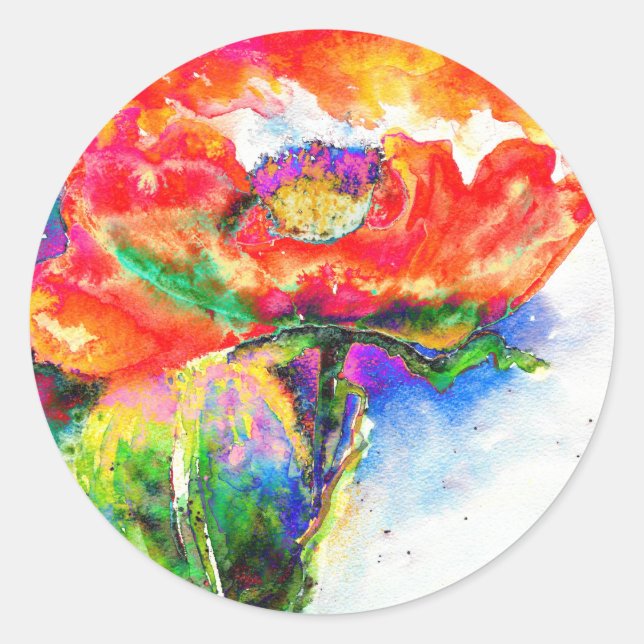 Elegant red floral watercolor painting classic round sticker (Front)