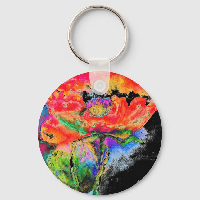 Elegant red floral watercolor painting key ring (Front)