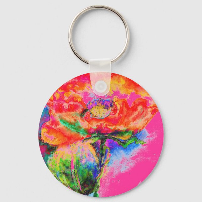 Elegant red floral watercolor painting key ring (Front)