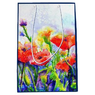 Elegant red floral watercolor painting red poppies medium gift bag