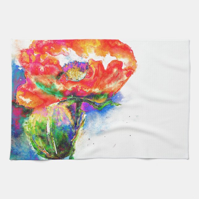 Elegant red floral watercolor painting tea towel (Horizontal)