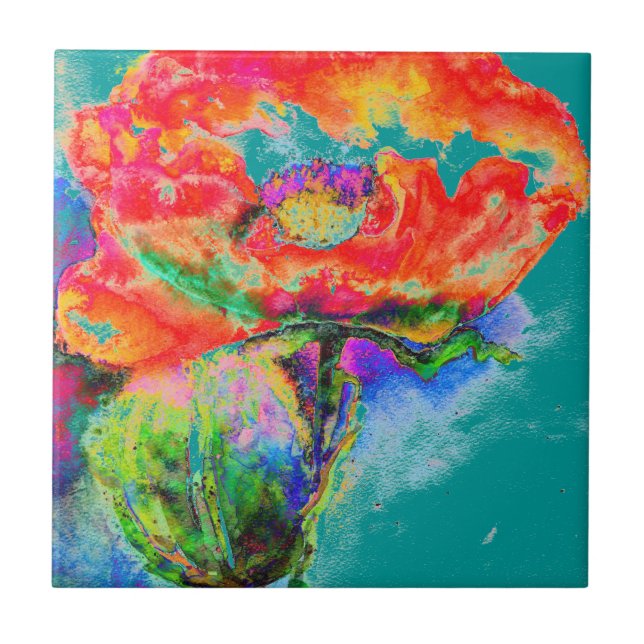 Elegant red floral watercolor painting teal tile (Front)
