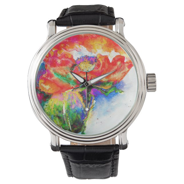 Elegant red floral watercolor painting watch (Front)