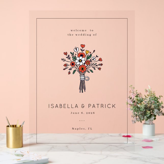 Elegant Red Floral Wedding Bouquet Acrylic Sign (Wedding)