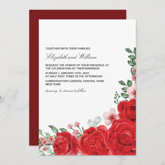Elegant Red Floral Wedding Invitation (Front/Back)