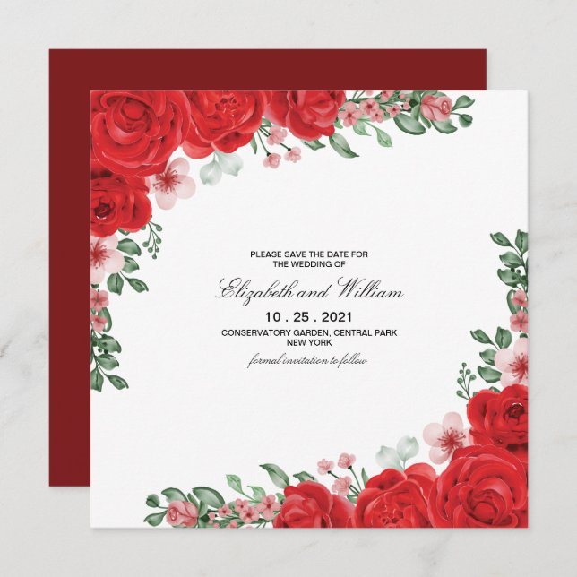 Elegant Red Floral Wedding Save The Date  Invitati Invitation (Front/Back)
