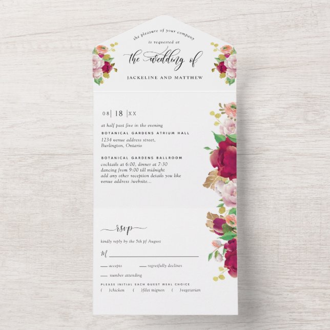 Elegant Red Floral Wedding with Perforated RSVP All In One Invitation (Inside)