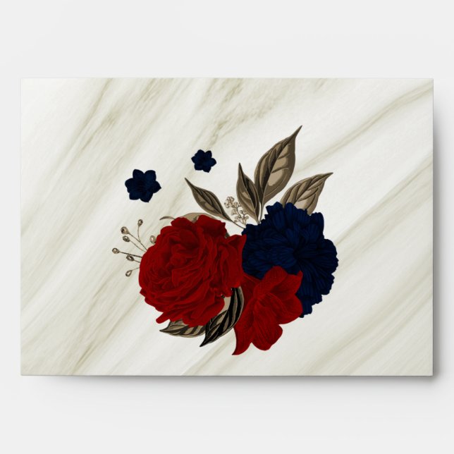 elegant red flower navy blue wedding envelope (Front)