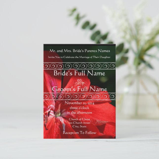 Elegant Red Flower Wedding Invitation Postcard (Standing Front)