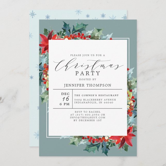 Elegant Red Flower with Greenery Christmas Party Invitation (Front/Back)
