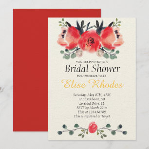 Elegant Red flowers watercolor bridal shower Invitation