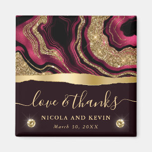 Elegant Red Foil and Gold Glitter Agate Wedding Magnet
