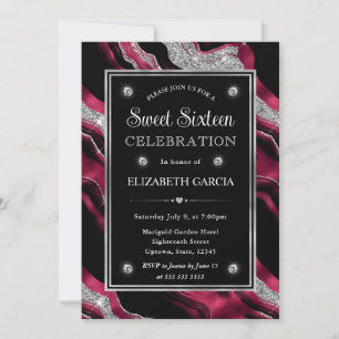 Elegant Red Foil and Silver Glitter Agate Sweet 16 Invitation