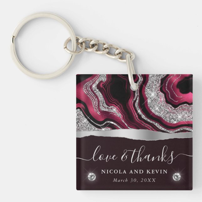 Elegant Red Foil and Silver Glitter Agate Wedding Key Ring (Front)
