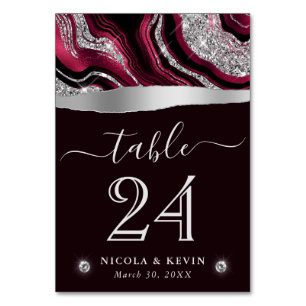 Elegant Red Foil and Silver Glitter Agate Wedding Table Number