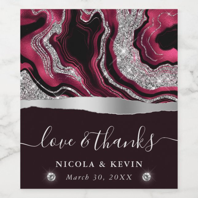 Elegant Red Foil and Silver Glitter Agate Wedding Wine Label (Single Label)